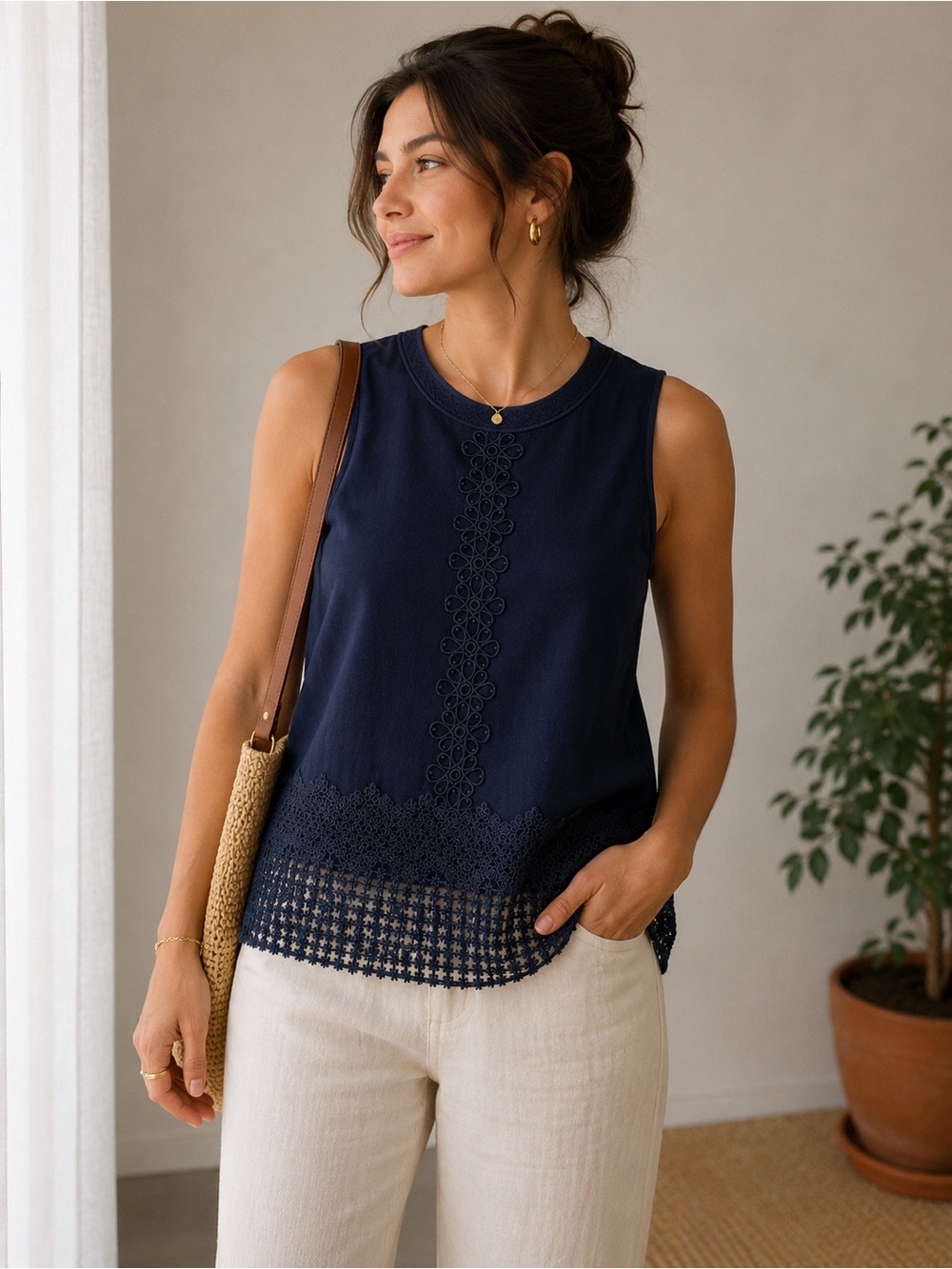 Tahari Sleeveless Navy Lace-Trim Tank Top